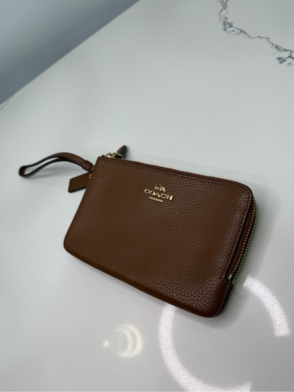 Coach Brown Pebbled Leather Double Zip Wristlet Clutch Wallet Gold Hardware